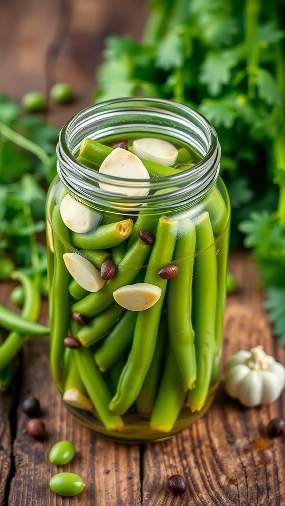 A jar filled with pickled green beans, garlic, and spices, on a wooden table.